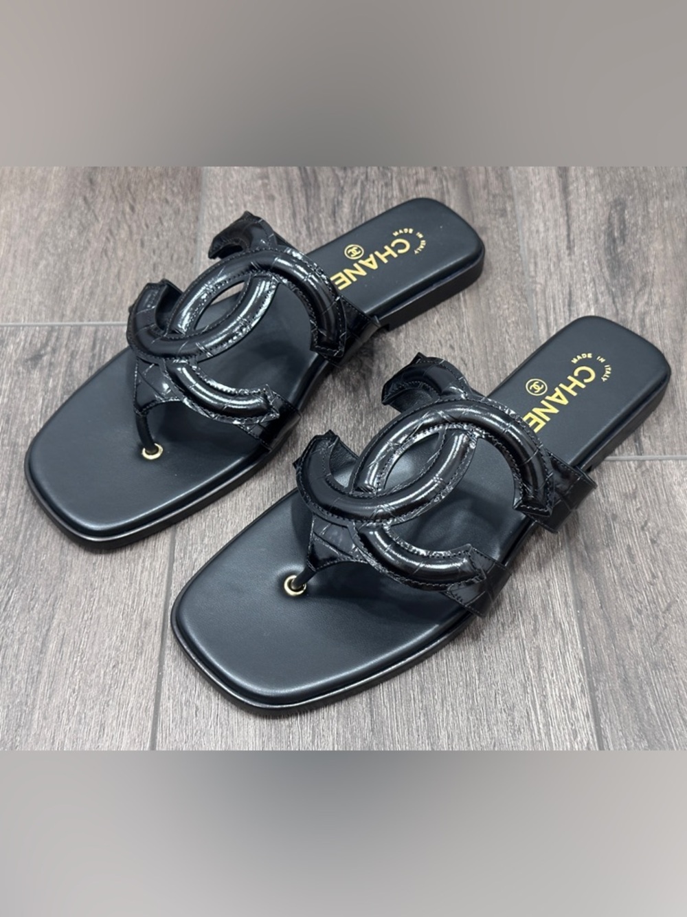 NEW BLAZY CHANEL Black CROC EMBOSSED LARGE CC Logo FLIP FLOP THONG Sandals 40 - Picture 8 of 15